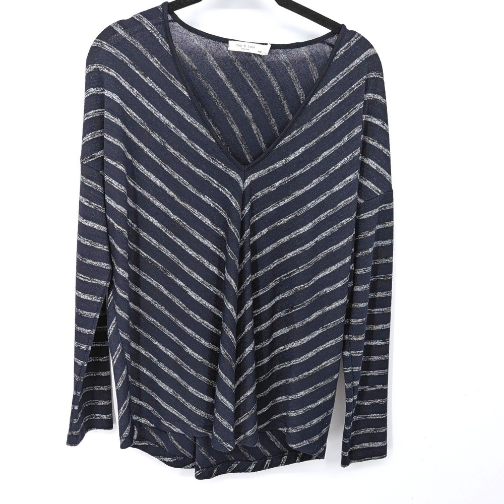 Rag & Bone Top‎ Women Medium Navy Blue Striped V-Neck Long Sleeve Knit Casual
